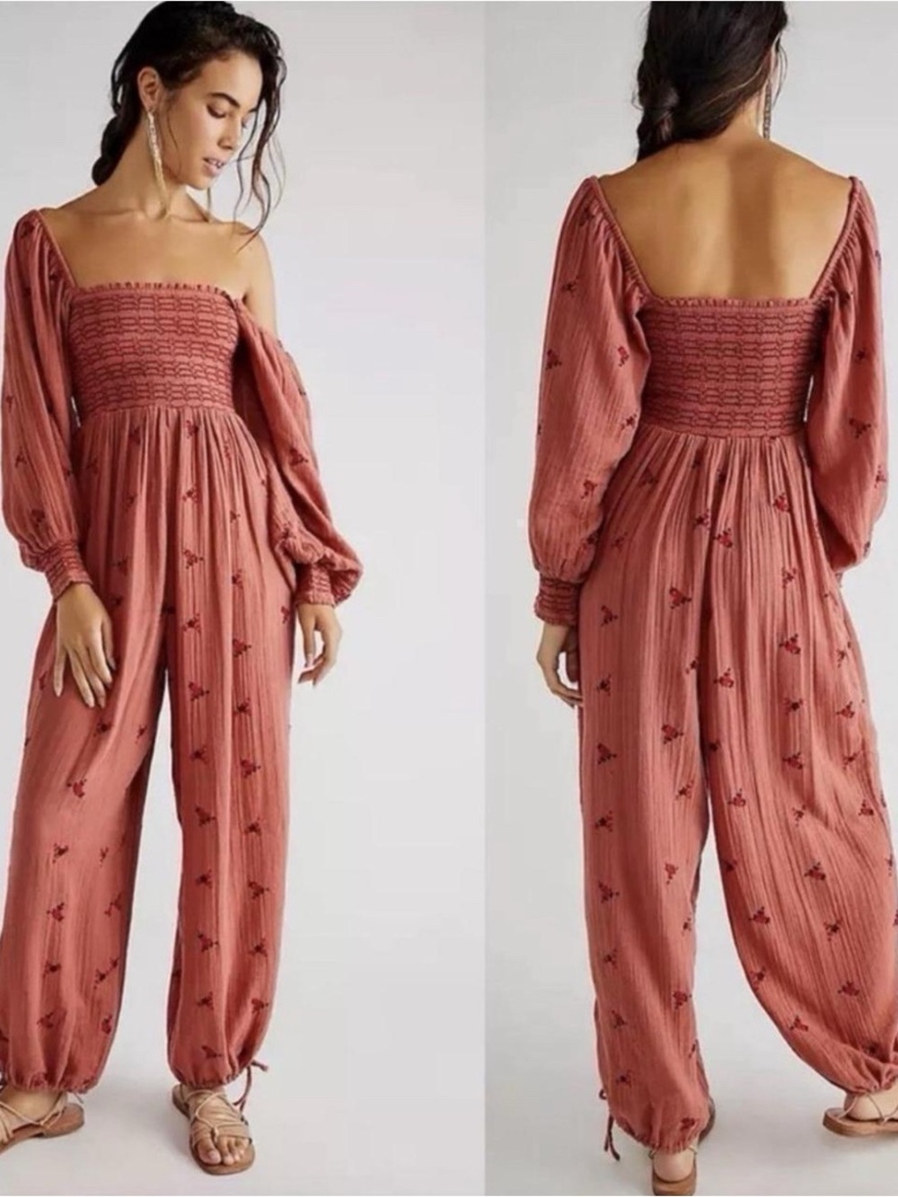 Free People Smocked Off-Shoulder Jumpsuit in Terracotta